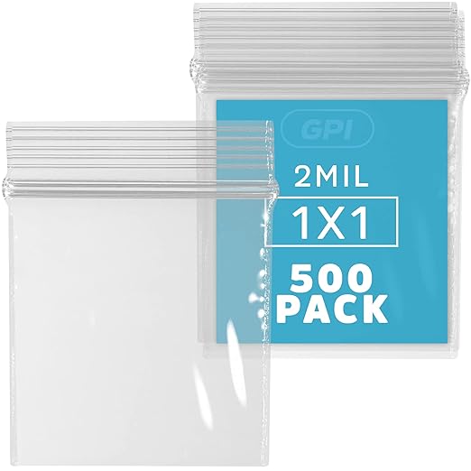 GPI Pack of 500-1" X 1" 2 Mil Thick, Clear Plastic Jewelry Zip Bags, Reclosable Strong & Durable Poly Baggies with Resealable Zip Top Lock for Travel, Storage, Packaging & Shipping.
