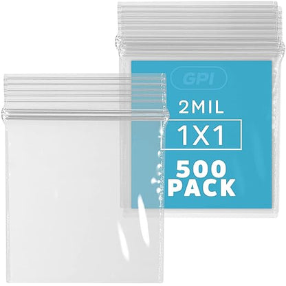 GPI Pack of 500-1" X 1" 2 Mil Thick, Clear Plastic Jewelry Zip Bags, Reclosable Strong & Durable Poly Baggies with Resealable Zip Top Lock for Travel, Storage, Packaging & Shipping.