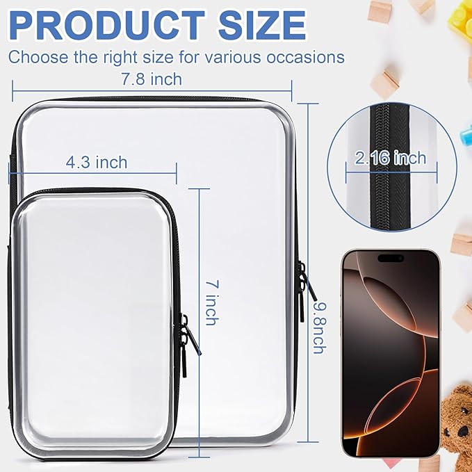 3 Pack Clear Hard Shell Zipper Case, Clear Zipper Pouches Waterproof Makeup Organizer & Travel Toiletry Bag, Plastic Pouch for Travel Office Storage, 3 Pack, MSS