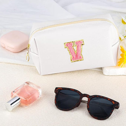 Initial Makeup Bag Personalized Preppy Travel Small Cosmetic Bag Cute PU White Chenille Letter Makeup Pouch for Purse Waterproof Zippered Toiletry Organizer for Women Girls Kids Friends (V)