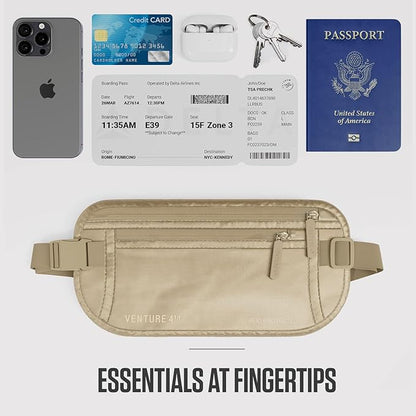 VENTURE 4TH Money Belt for Travel – Hidden Under-Clothes RFID Blocking Passport Holder & Slim Travel Wallet Pouch for Men & Women to Protect Cash, Cards & Documents (Sleek Beige)