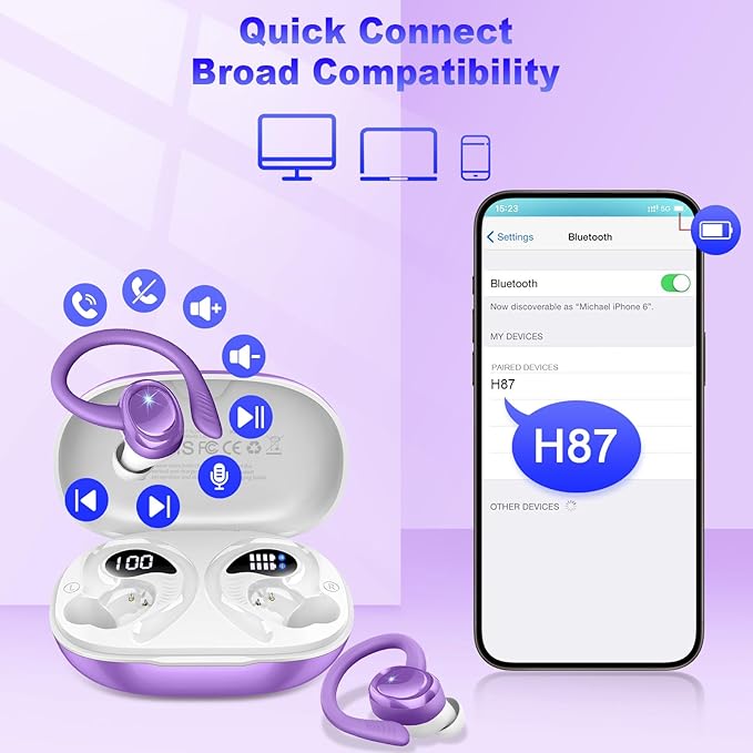 Wireless Earbuds Sport, New Bluetooth 5.4 Headphones with Earhooks, 50H Stereo Deep Bass Over Ear Buds with 4 ENC Noise Canceling Mics, IP7 Waterproof Earphones for Running Workout Gym -Purple