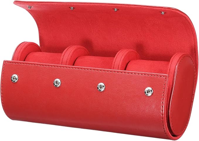 HARFINGTON Watch Roll Travel Case 3 Slot Portable Leather Watch Case for Men and Women, Watches Storage Organizer with Removable Pillows for Traveling, Display, Home Storage, Red
