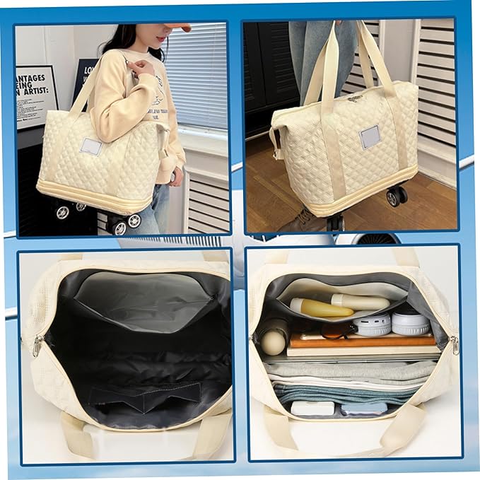Rolling Duffle Bag with Wheels and Handle, Expandable Foldable Luggage Bag Beige