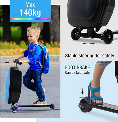 Apelila 20" Scooter Suitcase for Kids, 2-in-1 Ride On Luggage with Wheels for Boys & Girls Ages 4-15, Foldable Hardshell Carry On Lightweight Travel Suitcase for Airplane (Light Blue W/LED)
