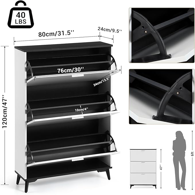 Narrow Shoe Cabinet with 3 Flip Drawers, 47 Inch Tall Freestanding Storage, Farmhouse Style Slim Organizer for Entryway Hallway Closet
