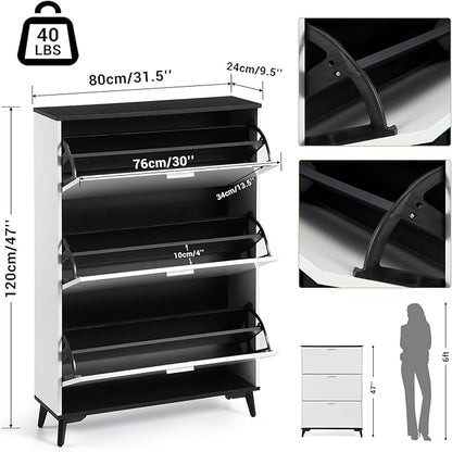 Narrow Shoe Cabinet with 3 Flip Drawers, 47 Inch Tall Freestanding Storage, Farmhouse Style Slim Organizer for Entryway Hallway Closet
