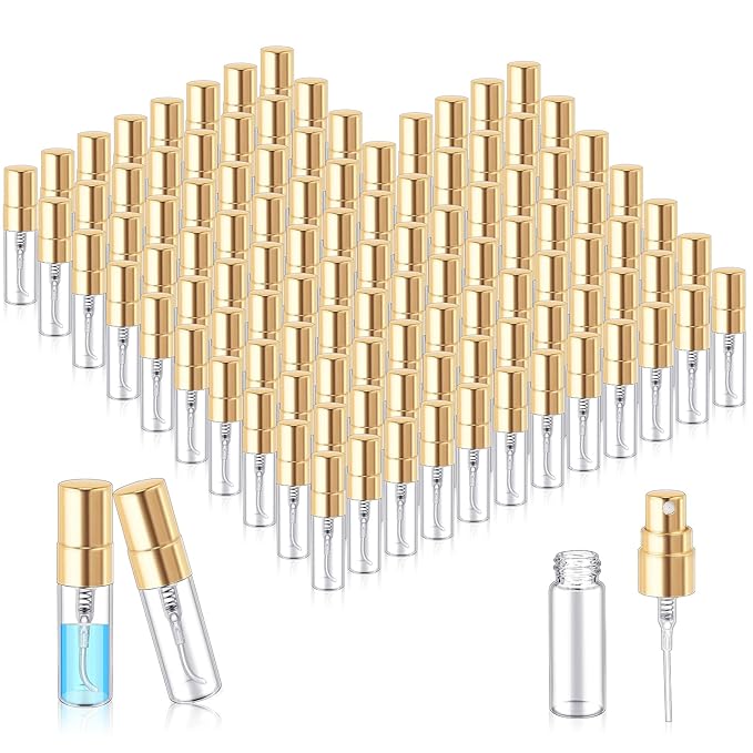 Zhehao 100 Pcs Mini Spray Bottles 3 ml Clear Glass Perfume Bottles Refillable Fine Mist Perfume Atomizer Portable Empty Sample Containers for Cleaning, Essential Oils, Travel (Gold Cap)