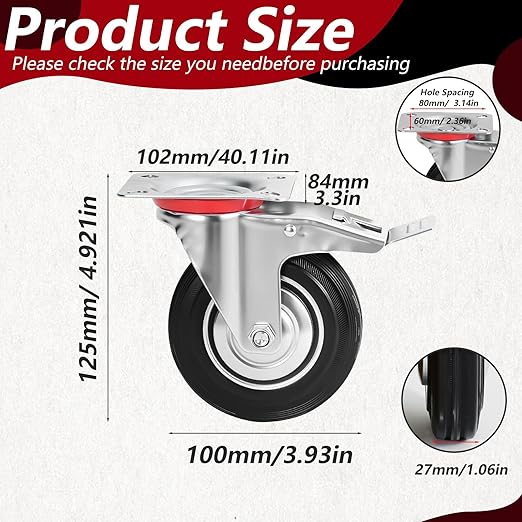 4 Inch Caster Wheels Set of 4, Heavy Duty Casters with Brake, Rubber Locking Casters for Cart, Workbench,Black (4" 4Pack with Brake, 4)