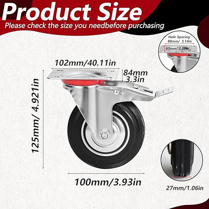 4 Inch Caster Wheels Set of 4, Heavy Duty Casters with Brake, Rubber Locking Casters for Cart, Workbench,Black (4" 4Pack with Brake, 4)