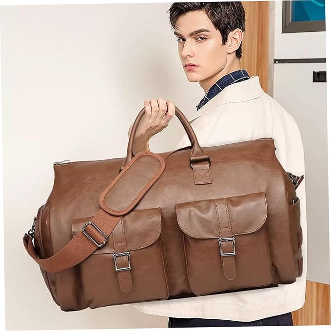 Wheeled Duffel Bags Duffle Bag with Wheels and Handle, Foldable Waterproof PU Large Capacity Wheeled Duffel Bags with Adjustable Strap for Women and Men, Brown