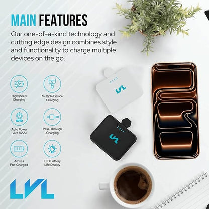 Spark Portable Charger for iPhone 17/16/15 USB C 2500mAh Power Bank with LED Indicators 2.4A Fast Charging Mini Portable Charger with Pass Through Technology LVL 25 (Black)