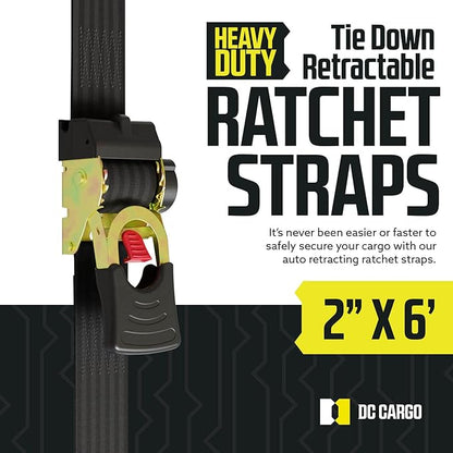 DC Cargo Mall Auto Retractable Ratchet Straps (2-Pack) 2” x 6ft, Super Heavy Duty, 4,033lb Break Strength – Tie Down Straps for Cargo, Truck, Trailer, Boats