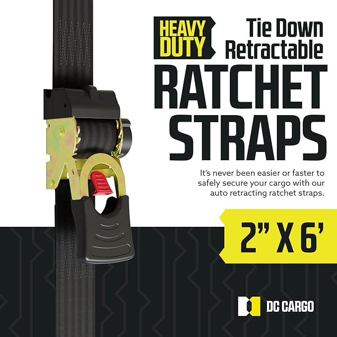 DC Cargo Mall Auto Retractable Ratchet Straps (4-Pack) 2” x 6ft, Super Heavy Duty, 4,033lb Break Strength – Tie Down Straps for Cargo, Truck, Trailer, Boats