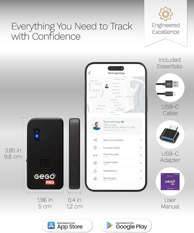 GEGO PRO – GPS Luggage Tracker Designed for Travel, Real-Time Global Tracking for Bags & Gear, Bag-Opening Alert, Worldwide Coverage, 4G LTE Connectivity, No BT Limits (Subscription Required)
