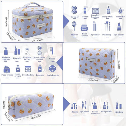 Quilted Makeup Bag Set, 3pc Large Floral Cosmetic Bag for Women, Cute Cotton Makeup Bags, Flower Travel Toiletry Organizer Bag (Blue Small Sheep)