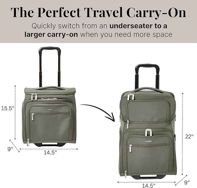 Baggallini Expandable Underseat Carry-On - Lightweight Travel Luggage Carry On Weekender with Wheels