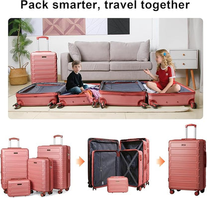 4 Piece Luggage Set Expandable ABS Travel Suitcase Set with Double Spinner Wheels TSA Lock Hardshell Durable Lightweight Traveling Luggage Sets Gift for Back to School (Rose Golden, 28in26in20in13in)