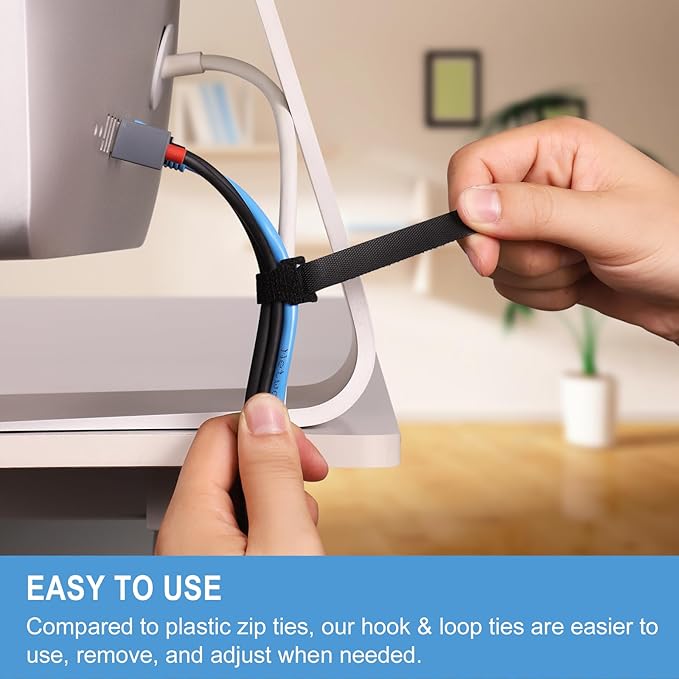 100 PCS 8 Inches Reusable Cable Ties | Adjustable Cord Wraps, Cable Straps | Hook & Loop Cord Organizer, Cable Management