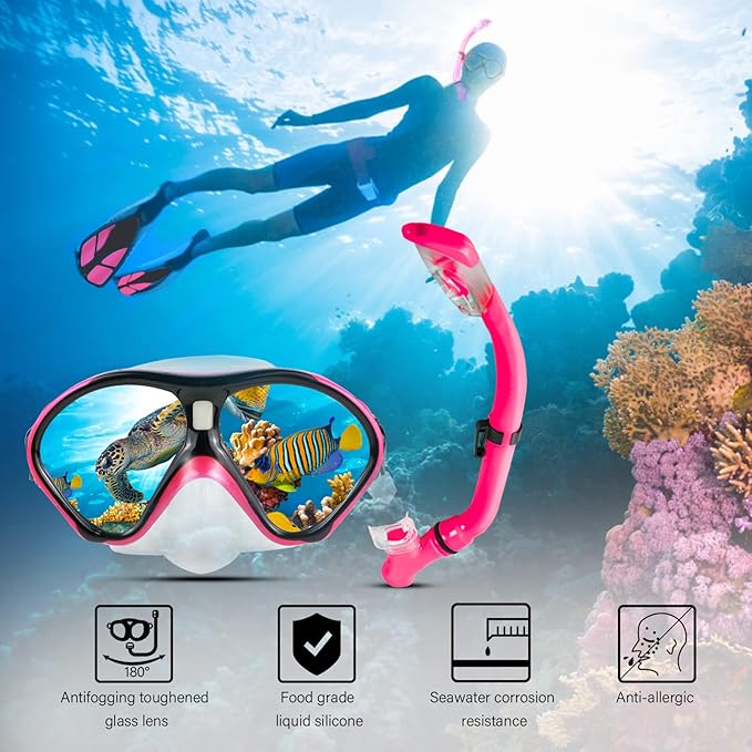 Kids Snorkeling Set Children Mask Fin Snorkel Set Snorkeling Gear Snorkel Mask + Adjustable Swimming Kids Flippers+ Dry Snorkel Tube + Travel Bags