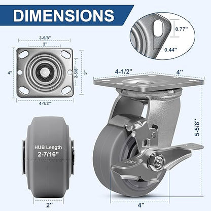 4 Inch Rubber Wheels (Flat Tread)- Heavy Duty Casters, Industrial Caster Wheels- with up to 700 LB Capacity- Use for Dollies, Utility and Maintenance Carts(2 Brake)