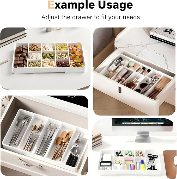 Expandable Desk Drawer Organizer, Acrylic Drawer Organizer Trays with 11 Adjustable Compartments 6 Removable Dividers Desk Accessories for Makeup Utensil Junk Office Kitchen Bathroom ( White, 2Pcs )