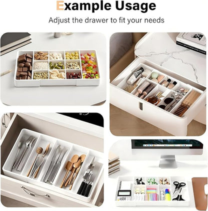 Expandable Desk Drawer Organizer, Acrylic Drawer Organizer Trays with 11 Adjustable Compartments 6 Removable Dividers Desk Accessories for Makeup Utensil Junk Office Kitchen Bathroom ( White, 2Pcs )