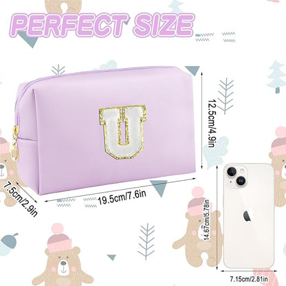 Gifts for Girls Initial Makeup Bag Personalized Cosmetic Bag with Zipper Cute Travel Toiletry Bag Waterproof PU Preppy Makeup Pouch Birthday Gift for Teen Girls Women(Purple U)