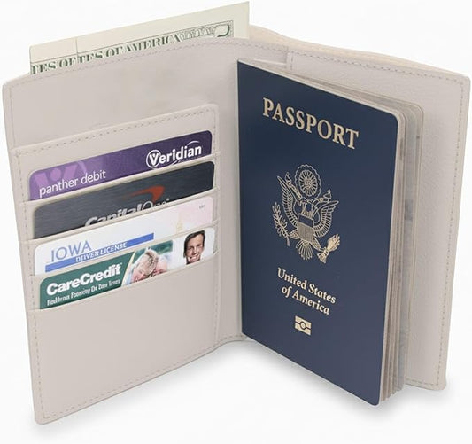 WANDERINGS Leather Travel Wallet with Passport Holder - 5.5" x 4" - Genuine Leather Case with RFID Blocking for Men and Women - Folding Wallet for Passports - Oat Color