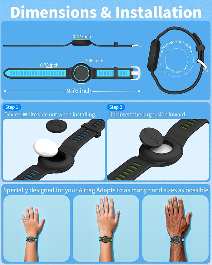2-Pack Bracelet Compatible with AirTag for Kids, Waterproof Airtag Bracelet Full Coverage Protective Case Design Soft Silicone Hidden Air Tag Holder for Toddler Child Elderly (Blue+Green)