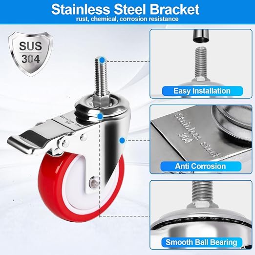 4 inch Stainless Steel Caster Wheels Heavy Duty, 1/2"-13x1-1/2 Threaded Stem Casters with Brake, Rust Resistant, Polyurethane PU Wheels for Hospital, Lab, Furniture, Restaurant