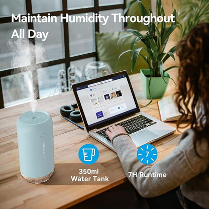 Portable Mini Humidifier, KQLKJ 350ml Small Cool Mist Humidifier, USB Personal Desktop Humidifiers for Bedroom Car Office Travel with Auto Shut-Off & 2 Mist Modes (Blue)