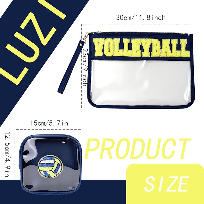 2Pcs Volleyball Gifts Makeup Bag with Chenille Letter Patch,with Handles Volleyball PVC Waterproof Clear Makeup Bag,Portable Toiletry Storage Bag,Players & Fans Birthday, Team or Sports Lover Presents