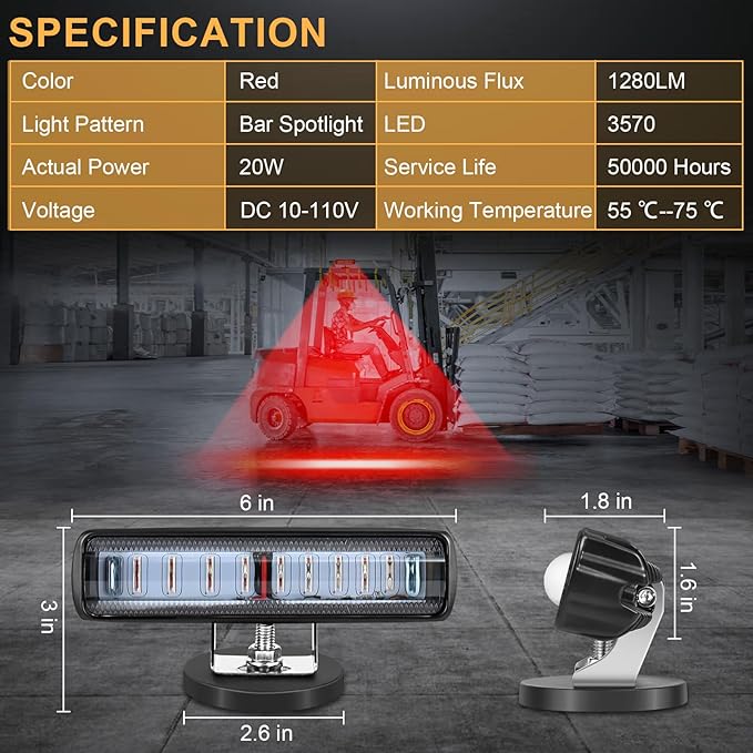 Forklift Safety Light with Red Side Warning Zone,30W LED Pedestrian Warning Light with Adjustable Magnetic Base for Warehouse and Industrial Use, Enhances Workplace Safety,DC 10-110V