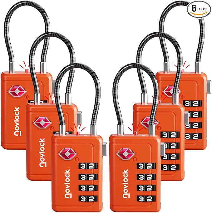 TSA Approved Luggage Locks | Inspection Indicator, 4-Digit Combination, Durable Zinc Alloy | for Suitcases, Backpacks, Travel Bags | Orange, 6-Pack