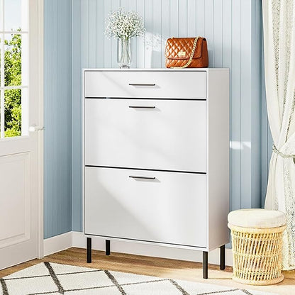 Narrow Shoe Storage Cabinet - Slim Shoe Cabinet with 2 Flip Drawers White Shoe Organizer Cabinet for Entryway & Front Door Entrance
