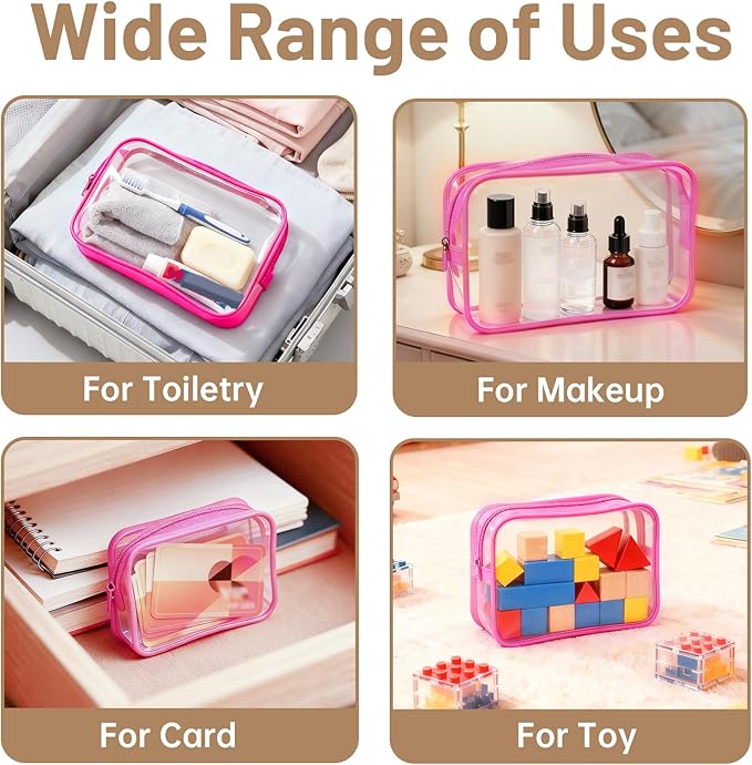 4 Pcs Clear Toiletry Bag, Portable Makeup Cosmetic Bags Pouch with Zipper, PVC Clear Travel Pouch for Women Men - Pink