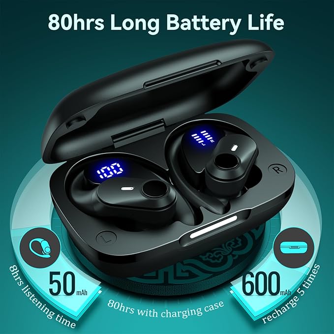 GOLREX Noise Cancelling Ear Buds Wireless Earbuds Bluetooth Headphones with 80H Playtime, Dual LED Display, Wireless Charging Case, Over-Ear Hooks Earphones for Sports Running Gym Workout Black