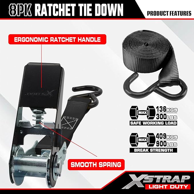 XSTRAP STANDARD Ratchet Tie Down Straps 8PK 1'' x 10 ft - 900 LB Break Strength Cargo Straps for Moving Appliances, Lawn Equipment, Motorcycle (Black)