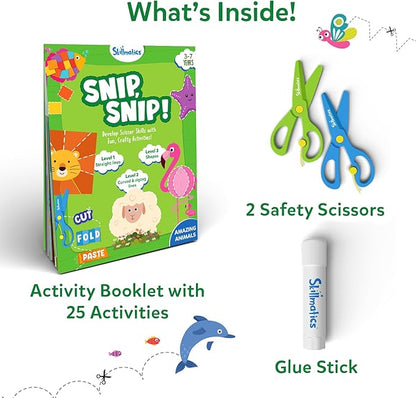 Skillmatics Scissor Skills Activity Book - Snip Snip Animals, Stocking Stuffers, 25 Fun Cutting & Creative Activities, 2 Child-Safe Scissors, Felt Craft Kit, Christmas Gift for Kids Ages 3, 4, 5, 6, 7