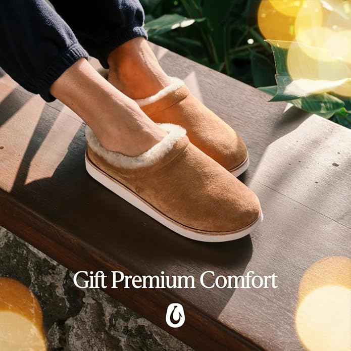 OLUKAI Mani Women's Leather Mule Slippers, Soft & Comfortable Slippers with Fleece Lining, Thick Rubber Outsole, All-Day Wear