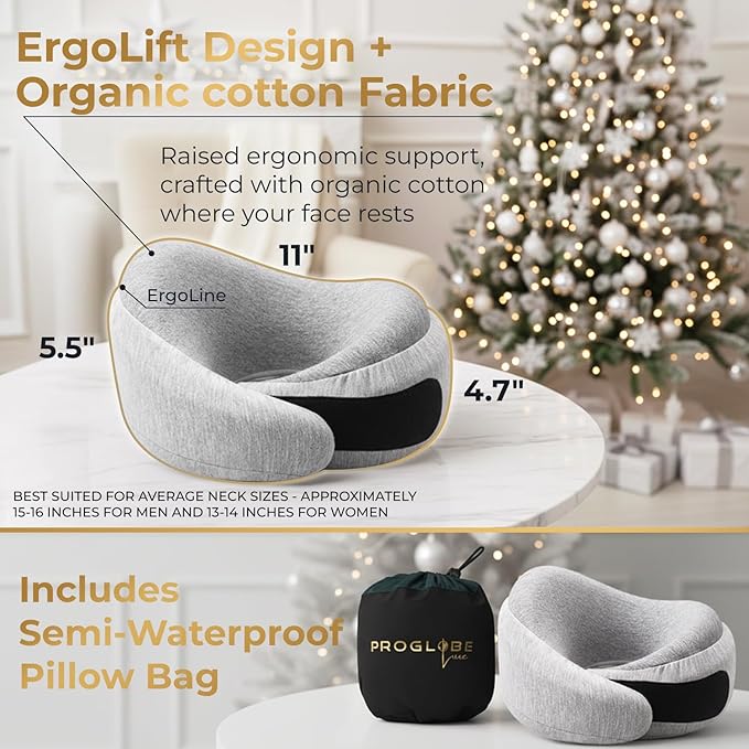 Proglobe Light Gray Memory Foam Travel Neck Pillow for Airplanes, Compact Plane Cushion for Long Flights with Soft Chin Support and Compression Bag, Comfortable Lightweight Air Travel Accessory