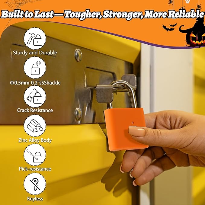 UMIKSMART Padlock, Keyless Fingerprint Padlock with USB Charging, Gym Lockers, School Lockers, Luggage, Storage Boxes, Cabinets, Backpack, Halloween Gifts(Spooky Orange)