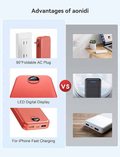 12000mAh Ultra-Portable-Charger-Power-Bank with Built in Cables&AC Wall Plug,PD20W USB-C Fast Charging Cell Phone Charger Battery Pack,LED Display Travel Battery Bank for All iPhone,Samsung,Android