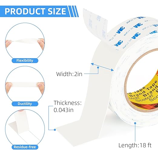3M 1600T Double Sided Tape, PE Foam Tape 2" x 18 Ft White Removable Strong Adhesive No Residue for RV Picture Hanging, Posters Frames Wall Decor Indoor & Outdoor Use(2 Pack)