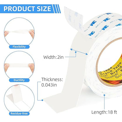 3M 1600T Double Sided Tape, PE Foam Tape 2" x 18 Ft White Removable Strong Adhesive No Residue for RV Picture Hanging, Posters Frames Wall Decor Indoor & Outdoor Use(2 Pack)