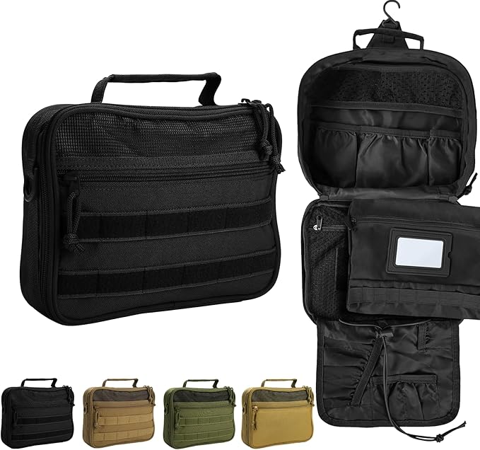 Tactical Toiletry Bag for Men Women, Travel Hanging Toiletry Bags, Toiletries Organizer Dopp Kit, Travel Cosmetic Bag,Shaving Hygiene Bag, Bathroom Essentials Men's Toiletry Bag for Camping - Black