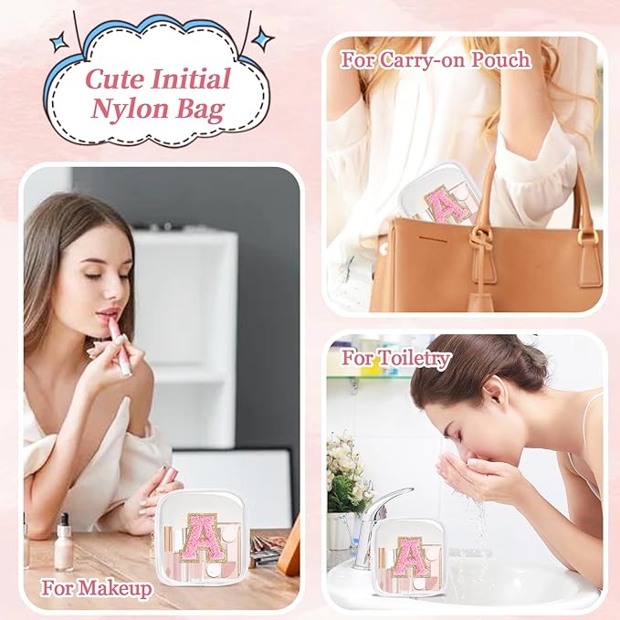 Mini Clear Personalized Initial Makeup Bag,Nylon Preppy A-Z Chenille Letter Patch Zipper Cosmetic Bag, Small Cute Beach Pouch Travel Purse Sanitary Napkin Storage Bag for Women Girls(White-Pink A)