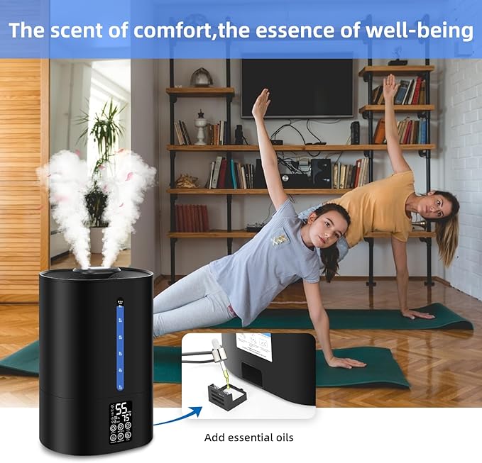 6L Humidifiers for Bedroom Large Room Home, Cool and Warm Humidifier for Plants Mist Top Fill Desk Humidifiers Essential Oil Diffuser, Quiet Humidifier with Adjustable Mist,360°Nozzle-Midnight Black