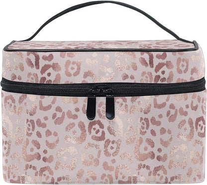 Makeup Bag, Rose Gold Leopard Travel Makeup Organizer Bag Cosmetic Cases Toiletry Bags for Girl Women Ladies